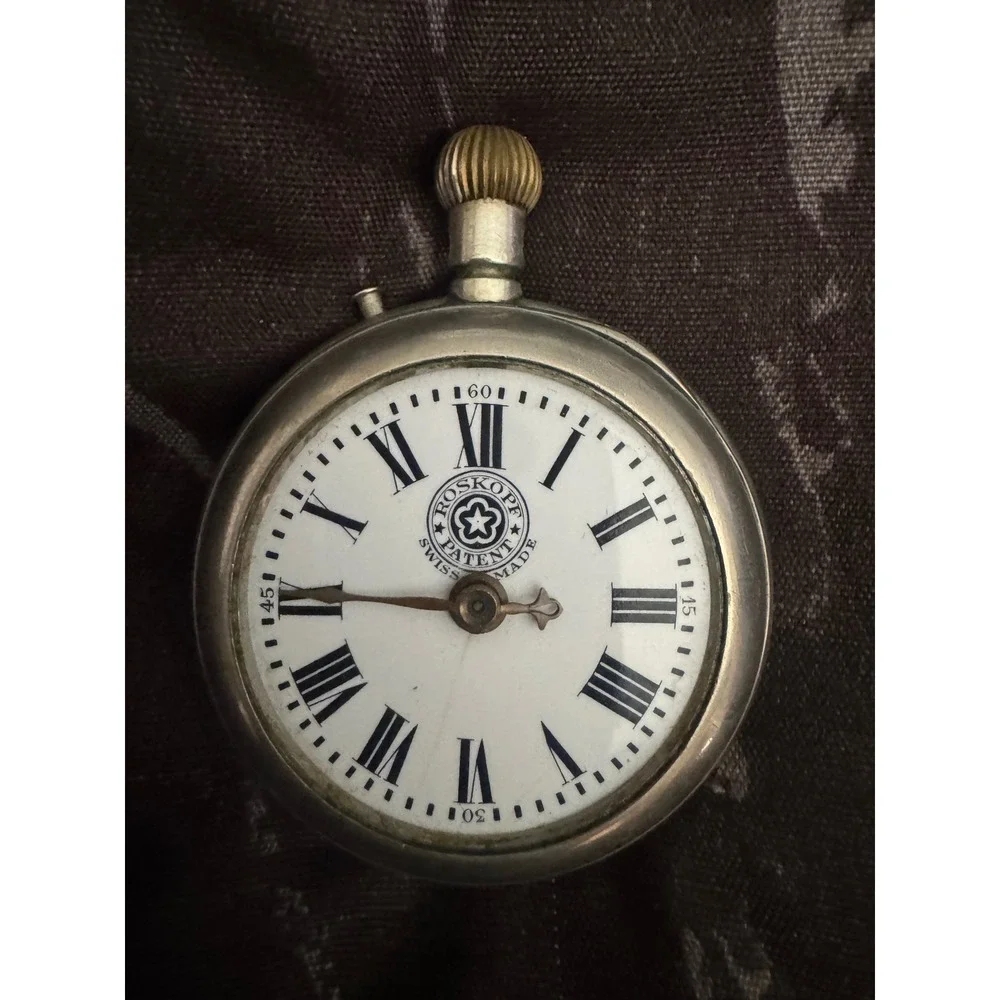 Antique Roskopf Patent Swiss Made Pocket‎ Watch Roman Numeral Silver Tone Case